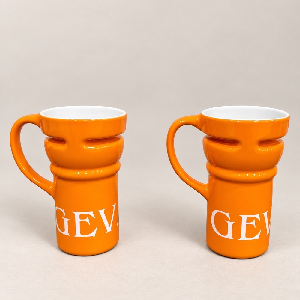 Gevalia Kaffe Orange Ceramic Coffee Mugs Set of 2 Tiered Sculptural Design